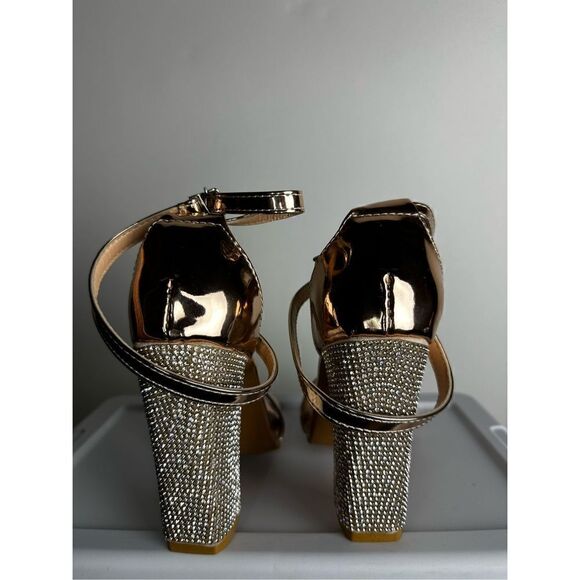 strappy Womens Solid Color Rhinestone Chunky High Heel Buckle Peep Toe Sandals - Picture 8 of 9